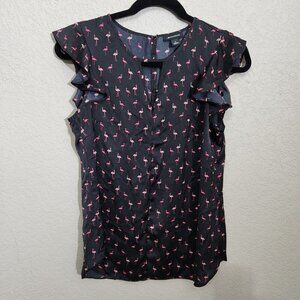 I Heart Ronson Shirt Womens Small Black Pink Flamingo Ruffle Sleeve Blouse Top